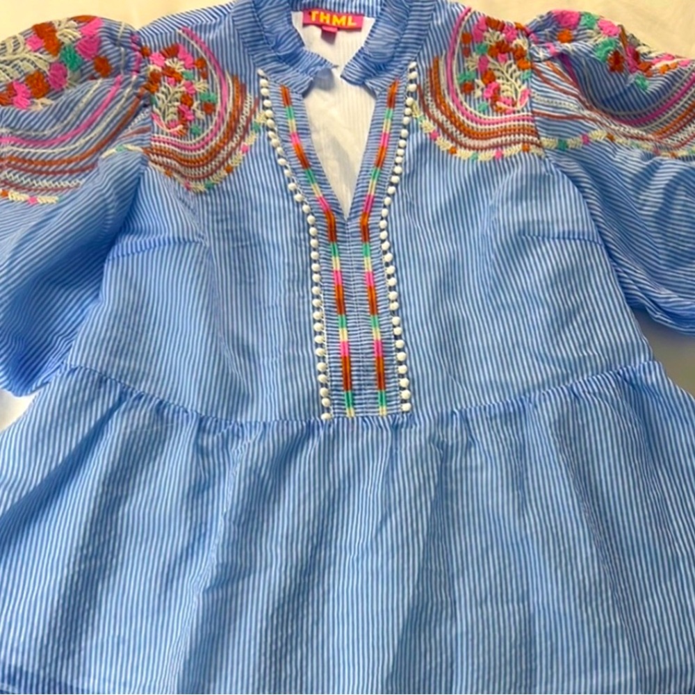 THML Embroidered Blue/White pinstriped Button Up Blouse with Balloon Sleeves